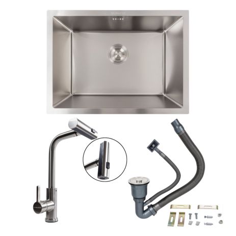 Кухонний комплект: Мийка Valeso Handmade (58x43 см) з монтажем під стільницю + Змішувач XK08A Кухонний комплект: Мийка Valeso Handmade (58x43 см) з монтажем під стільницю + Змішувач XK08A