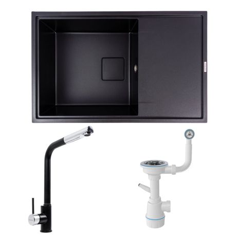 Комплект: гранітна мийка 7850 GALANS VALESO + Змішувач Q411MB + Сифон (Чорний)