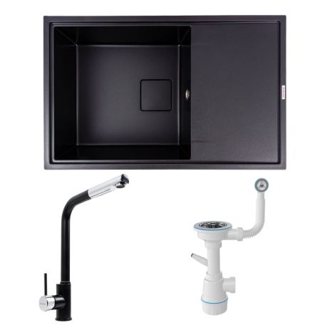 Комплект: гранитная мойка GALANS VALESO 7850 + Смеситель Q411MB + Сифон (Черный) Комплект: гранитная мойка GALANS VALESO 7850 + Смеситель Q411MB + Сифон (Черный)