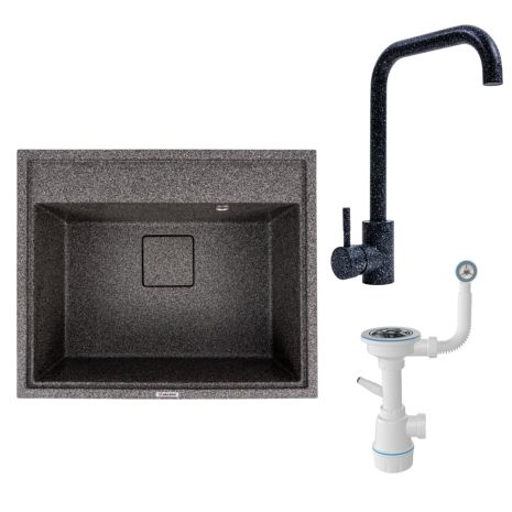 Комплект: Гранітна мийка SHERLIT VALESO 6050 + Змішувач NS02A + Сифон (Графіт)