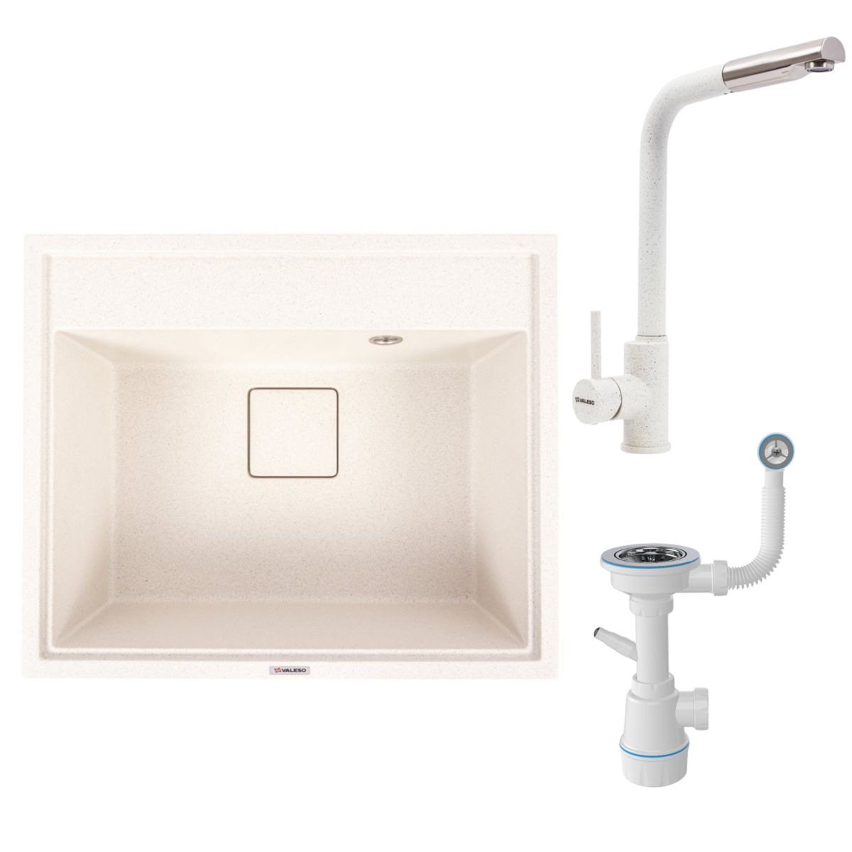 Гранітна мийка 6050 SHERLIT VALESO з змішувачем Q411B та сифоном (Білий в крапку) Гранітна мийка 6050 SHERLIT VALESO з змішувачем Q411B та сифоном (Білий в крапку)