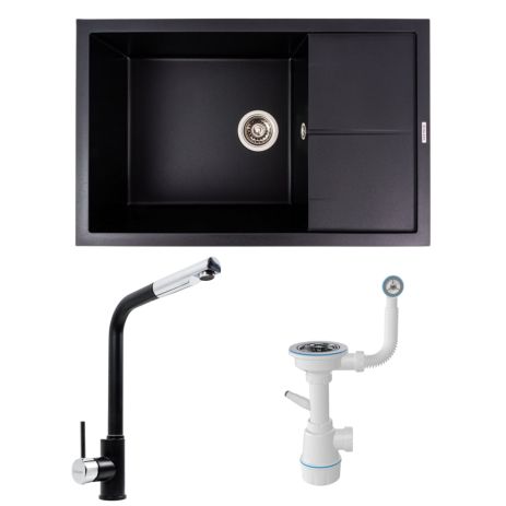Комплект: гранітна мийка Calypso 7950 Valeso + змішувач Q411MB + сифон (чорний) Комплект: гранітна мийка Calypso 7950 Valeso + змішувач Q411MB + сифон (чорний)