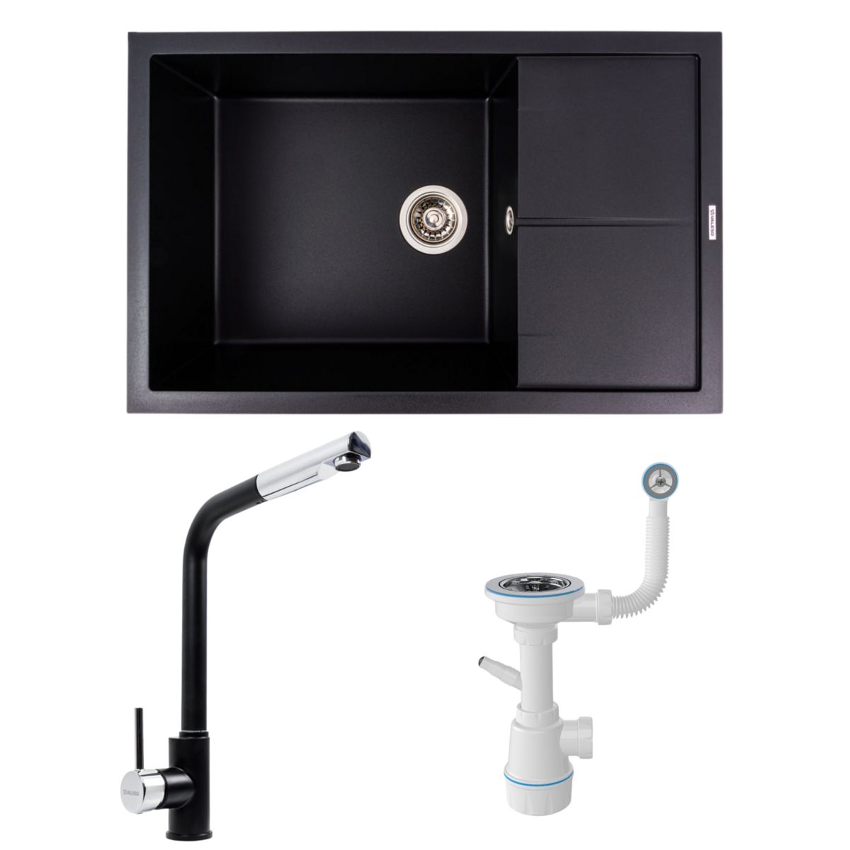 Комплект: гранітна мийка Calypso 7950 Valeso + змішувач Q411MB + сифон (чорний) Комплект: гранітна мийка Calypso 7950 Valeso + змішувач Q411MB + сифон (чорний)