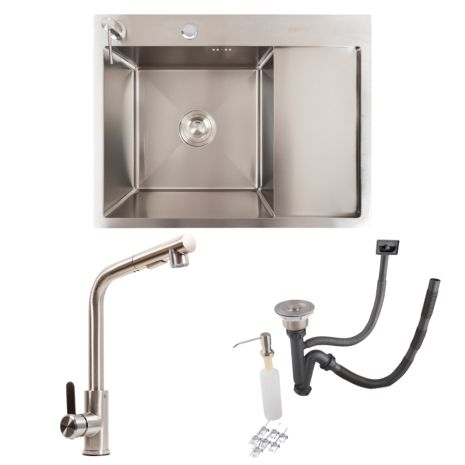 Kitchen Set: Sink Valeso Handmade (65x50 cm) Stainless Steel + Faucet FC-1 with Pull-out Head