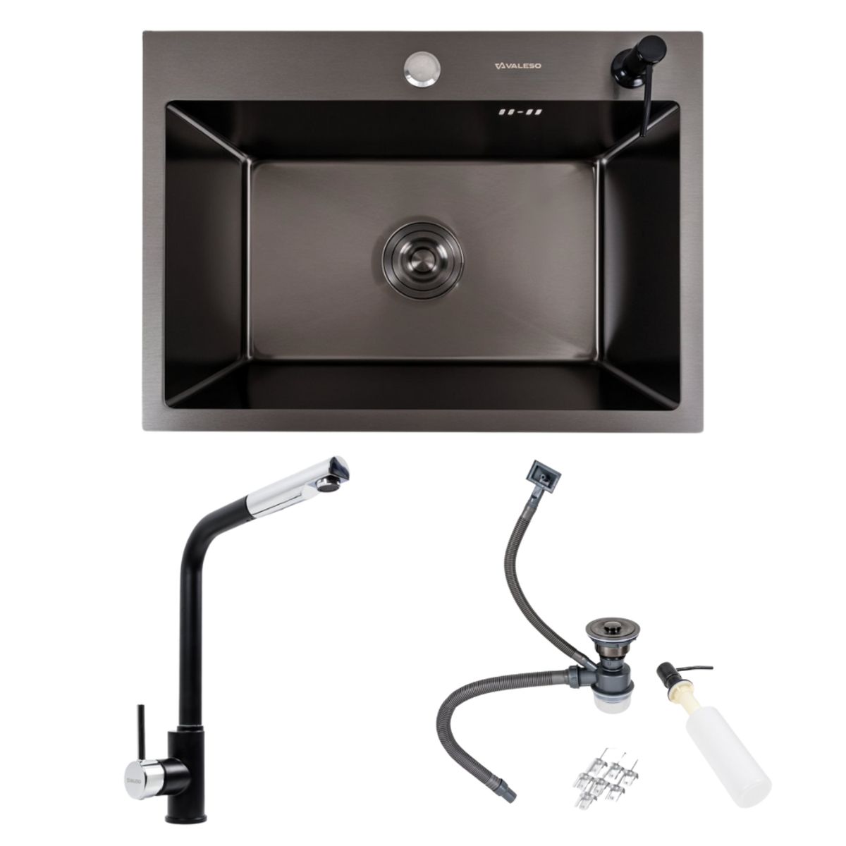 Кухонний сет: Мийка Valeso Handmade (58x43 см) чорна PVD + Змішувач Q411MB Кухонний сет: Мийка Valeso Handmade (58x43 см) чорна PVD + Змішувач Q411MB
