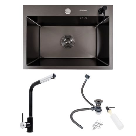 Кухонний сет: Мийка Valeso Handmade (58x43 см) чорна PVD + Змішувач Q411MB