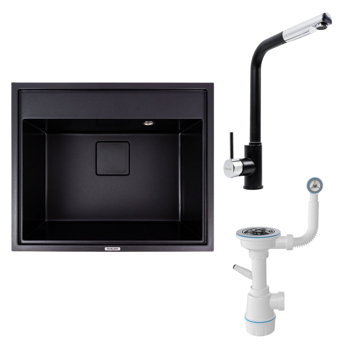 Комплект: Гранитная мойка 6050 SHERLIT VALESO + Смеситель Q411MB + Сифон (Черный) Комплект: Гранитная мойка 6050 SHERLIT VALESO + Смеситель Q411MB + Сифон (Черный)