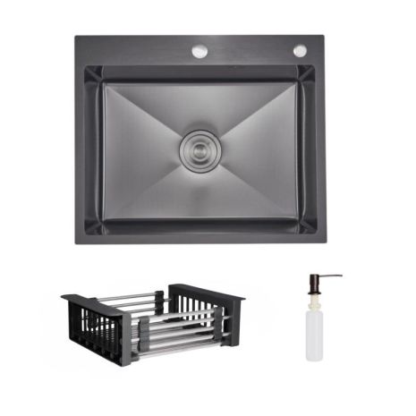 Комплект Lidz Handmade H6050HB Мийка для кухні інтегрована Decor Black PVD Honeycomb у комплекті з дозатором+ Lidz K01G