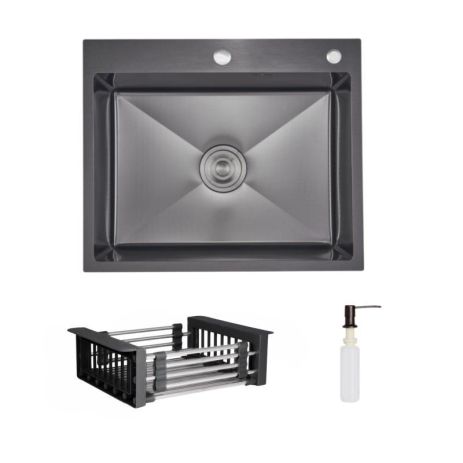 Комплект Lidz Handmade H6050HB Мийка для кухні інтегрована Decor Black PVD Honeycomb у комплекті з дозатором+ Lidz K01G