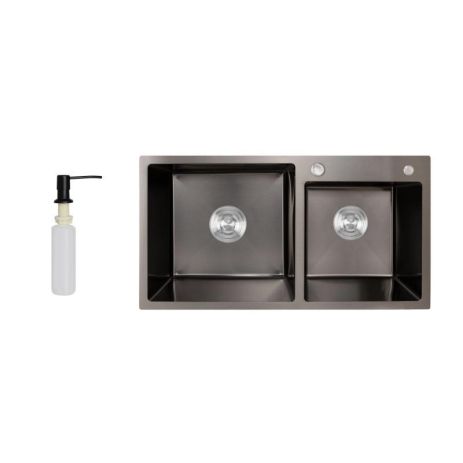 Мийка для кухні з двома чашами інтегрована Lidz Handmade H7843 (LDH7843BPVD45586) Brushed Black PVD