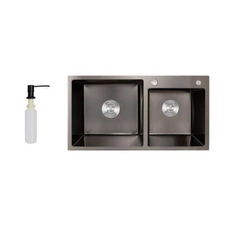 Мийка для кухні з двома чашами інтегрована Lidz Handmade H7843 (LDH7843BPVD45586) Brushed Black PVD