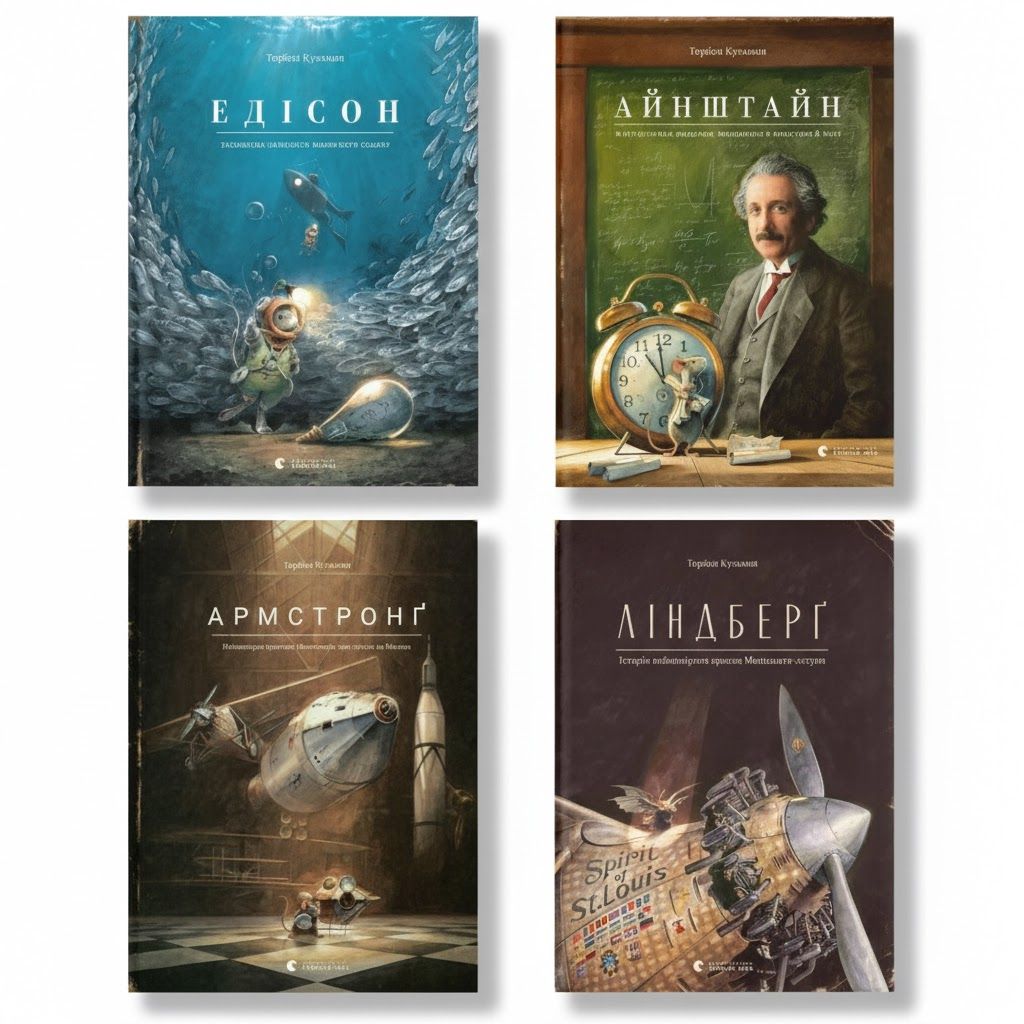 Комплект книг Торбена Кульмана про мишеня винахідника: Ліндберг, Едісон, Армстронг, Ейнштейн (дитячі книги про науку) Комплект книг Торбена Кульмана про мишеня винахідника: Ліндберг, Едісон, Армстронг, Ейнштейн (дитячі книги про науку)