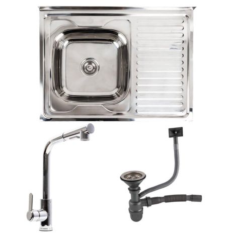 Кухонний комплект Valeso: мийка (80x60 см), полірована, з лівою чашею + змішувач FC-1 з висувною лійкою Кухонний комплект Valeso: мийка (80x60 см), полірована, з лівою чашею + змішувач FC-1 з висувною лійкою