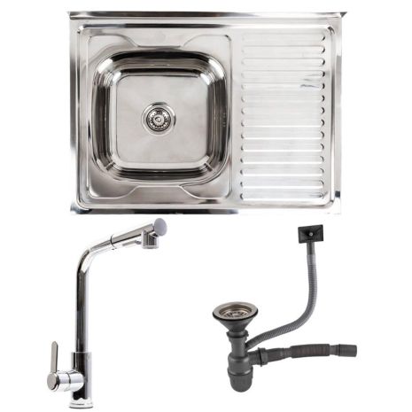 Кухонний комплект Valeso: мийка (80x60 см), полірована, з лівою чашею + змішувач FC-1 з висувною лійкою Кухонний комплект Valeso: мийка (80x60 см), полірована, з лівою чашею + змішувач FC-1 з висувною лійкою