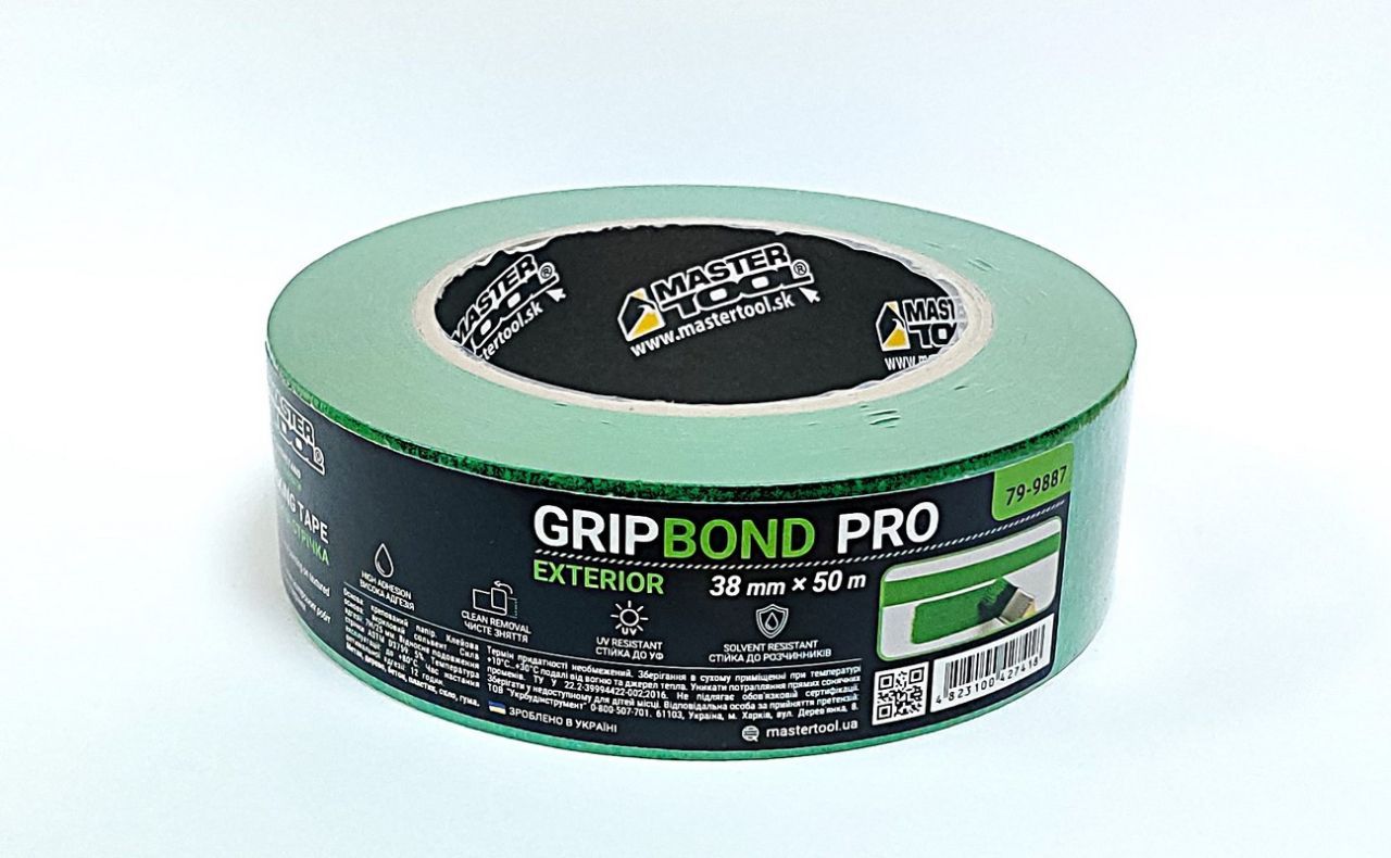 Лента малярная для грубых работ GripBond Pro Exterior 38 мм×50 м зеленая MASTERTOOL 79-9887 Лента малярная для грубых работ GripBond Pro Exterior 38 мм×50 м зеленая MASTERTOOL 79-9887