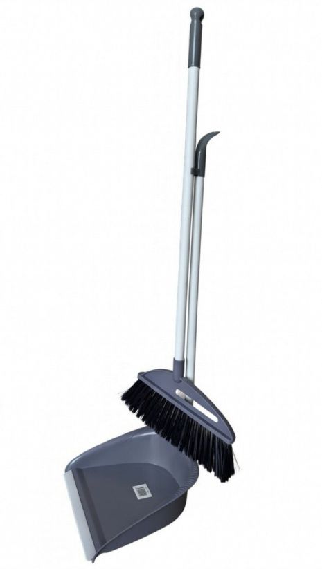 Совок пластиковый с кисточкой на длинной ручке к-101/серый