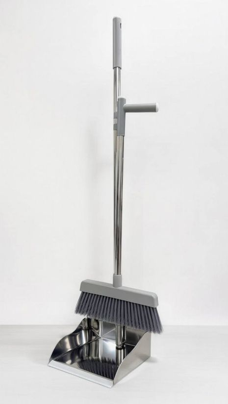 Совок з щіткою на довгій ручці з нержавіючої сталі 0032/grey