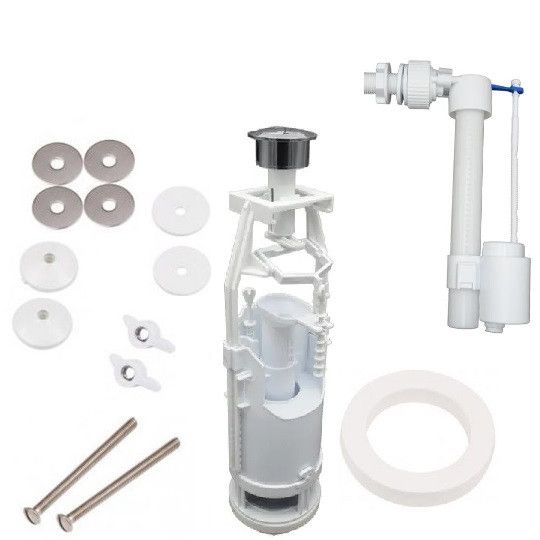 Комплект запчастин для бачка унітазу 2-х кнопочна арматура 2-режимна зливна система болти, клапан боковий Комплект запчастин для бачка унітазу 2-х кнопочна арматура 2-режимна зливна система болти, клапан боковий