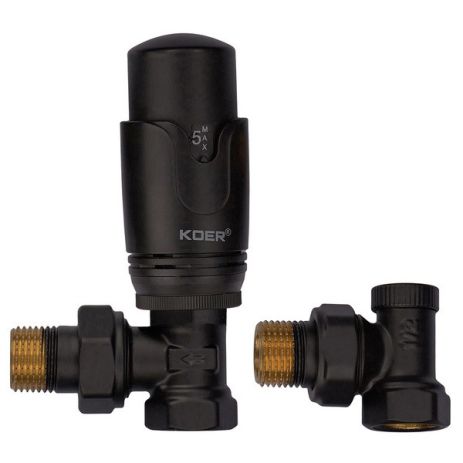 Чорний комплект для радіатора підключення 1/2'' (кутовий) з термоголовкою крани чорного кольору KOER BLACK колір