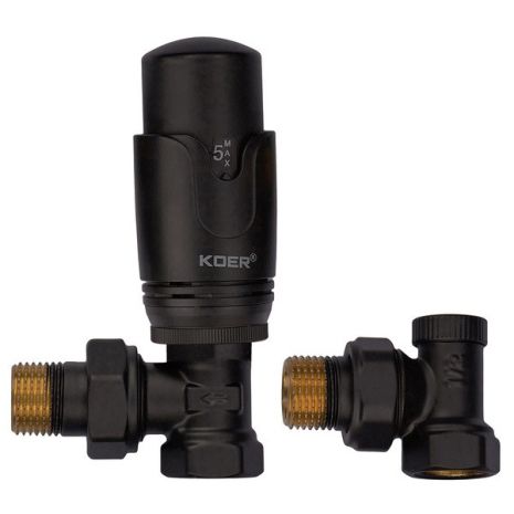 Чорний комплект для радіатора підключення 1/2'' (кутовий) з термоголовкою крани чорного кольору KOER BLACK колір