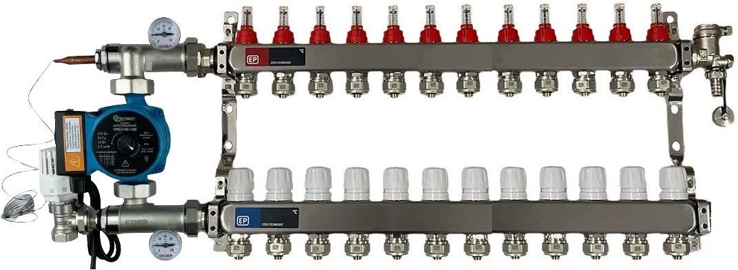 Колектор в зборі з насосом на 12 контурів для теплої підлоги мідна обмотка гребінка 12 виходів тепла підлога koer Колектор в зборі з насосом на 12 контурів для теплої підлоги мідна обмотка гребінка 12 виходів тепла підлога koer