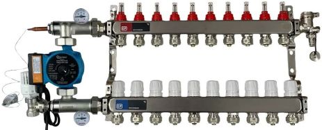 Колектор в зборі з насосом на 10 контурів для теплої підлоги мідна обмотка гребінка 10 виходів тепла підлога koer