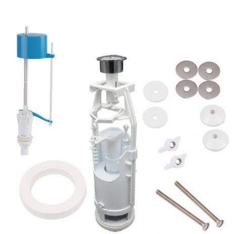 Набір ремкомплект для унітазу двокнопкова арматура з двома режимами + болти кріплення бачка до унітазу, економ режим Набір ремкомплект для унітазу двокнопкова арматура з двома режимами + болти кріплення бачка до унітазу, економ режим