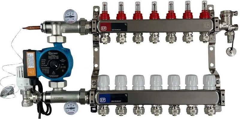 Колектор в зборі з насосом на 7 контурів для теплої підлоги мідна обмотка гребінка 7 виходів тепла підлога koer Колектор в зборі з насосом на 7 контурів для теплої підлоги мідна обмотка гребінка 7 виходів тепла підлога koer