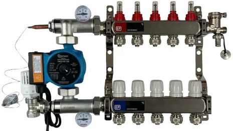 Колектор в зборі з насосом на 5 контурів для теплої підлоги мідна обмотка гребінка 5 виходів тепла підлога koer