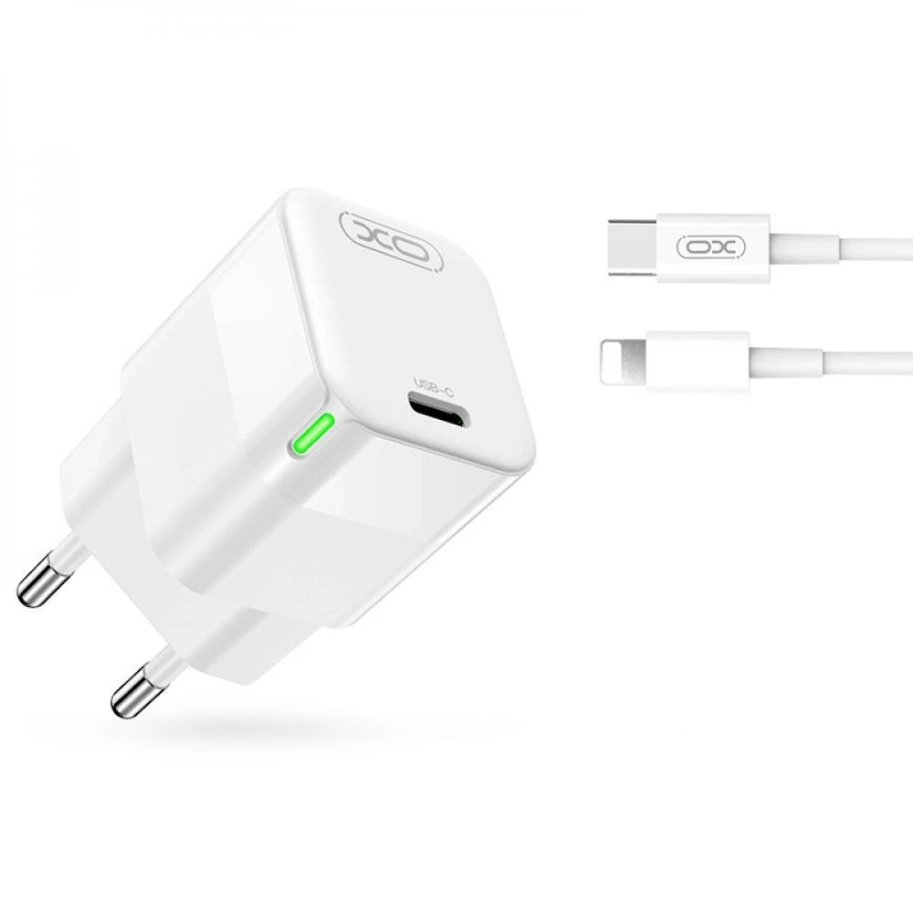 Мережевий зарядний пристрій XO CE06, PD 30W, GaN, Type-C to Lightning, Білий Мережевий зарядний пристрій XO CE06, PD 30W, GaN, Type-C to Lightning, Білий