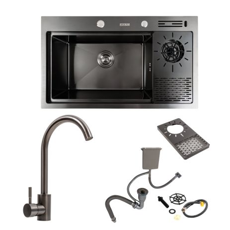 Кухонная мойка PVD 78*46 черная Platinum Handmade с кухонным смесителем + дозатор и колландер