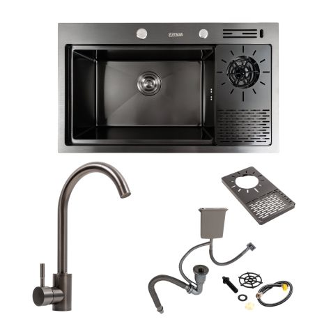 Кухонна мийка PVD 78*46 чорна Platinum Handmade з кухонним змішувачем + дозатор та коландер