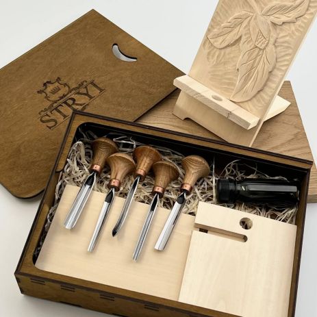 Набор штихелей для резьбы по дереву и гравюры STRYI Start (5 шт) с заготовкой