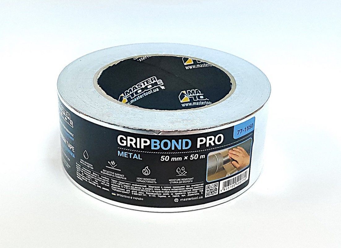 Лента алюминиевая GripBond Pro Metal t 150°C 50 мм×50 м MASTERTOOL 77-1550 Лента алюминиевая GripBond Pro Metal t 150°C 50 мм×50 м MASTERTOOL 77-1550