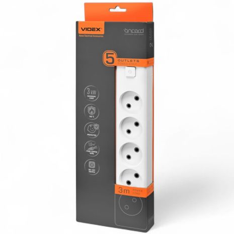 Сетевой удлинитель VIDEX ONCORD 5 мест, 3 м, с выключателем, белый VF-PD53-W