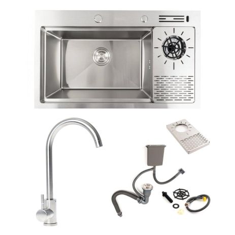 Нержавіюча кухонна мийка 78x46 Platinum Handmade з кухонним змішувачем, дозатором та коландером