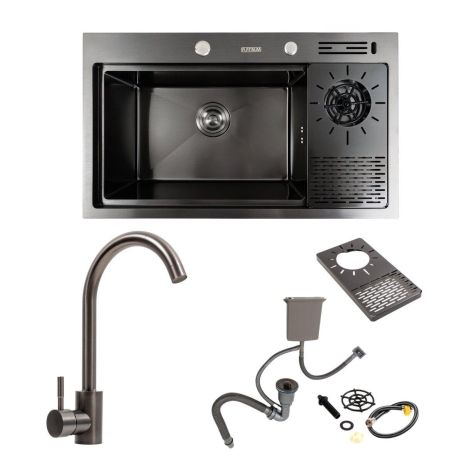 Кухонна мийка Platinum PVD 78*46 чорна з дозатором, змішувачем і коландером Кухонна мийка Platinum PVD 78*46 чорна з дозатором, змішувачем і коландером