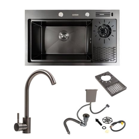 Кухонная мойка PVD 78*46 черная Platinum Handmade с кухонным смесителем + дозатор и колландер