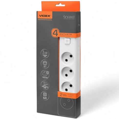 Сетевой удлинитель VIDEX ONCORD 4 места, 2 м, с выключателем, белый VF-PD42-W