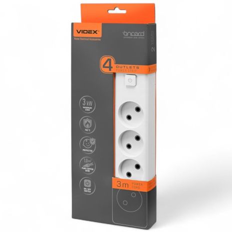 Сетевой удлинитель VIDEX ONCORD на 4 розетки, 3 м, с выключателем, белый VF-PD43-W