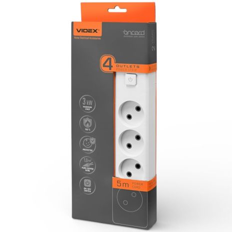 Сетевой удлинитель VIDEX ONCORD на 4 розетки, 5 м, с выключателем, белый VF-PD45-W