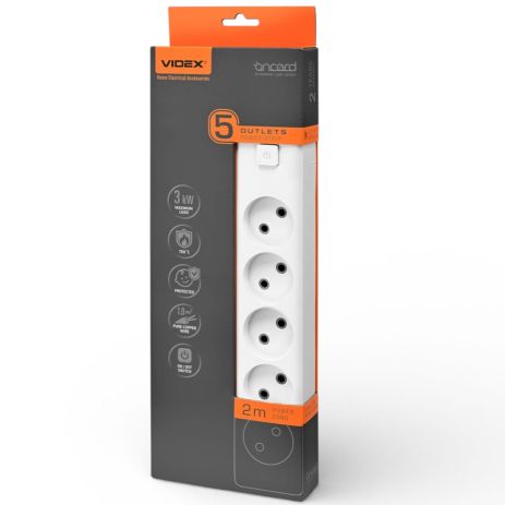 Сетевой удлинитель VIDEX ONCORD 5 мест, 2 м, с выключателем, белый VF-PD52-W
