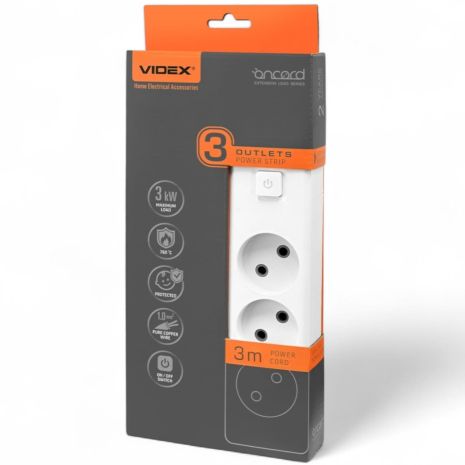Сетевой удлинитель VIDEX ONCORD 3 места, 3 м, с выключателем, белый VF-PD33-W