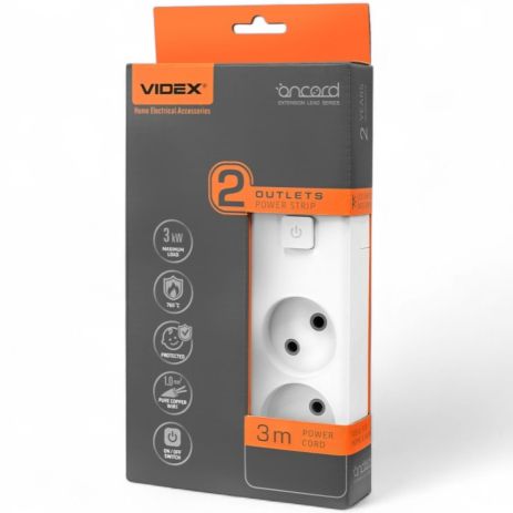 Сетевой удлинитель VIDEX ONCORD 2 места, 3 м, с выключателем, белый VF-PD23-W