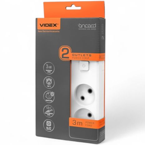 Сетевой удлинитель VIDEX ONCORD 2 места, 3 м, с выключателем, белый VF-PD23-W