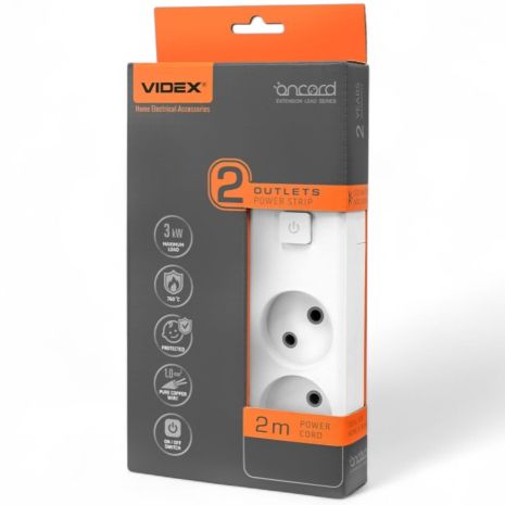 Сетевой удлинитель VIDEX ONCORD 2 места, 2 м, с выключателем (белый, VF-PD22-W)