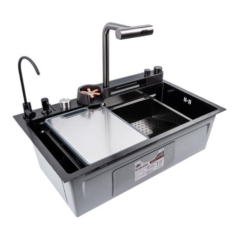 Кухонная мойка PVD черная Valeso Handmade "Водопад" (ДЕКОР) 75х45DF