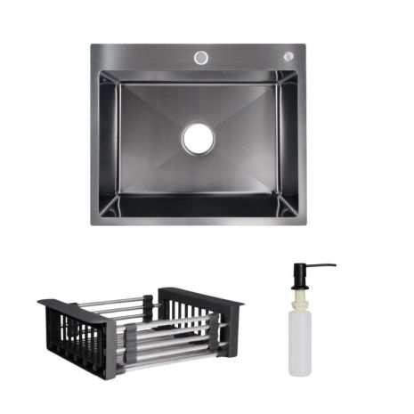 Комплект Lidz Handmade H6050B Мийка для кухні інтегрована BlackPVD у комплекті з дозатором + Lidz K01B