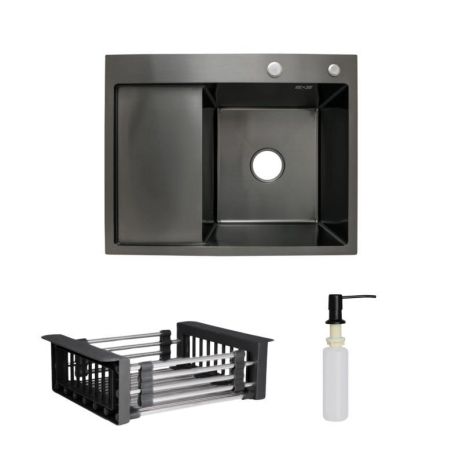 Комплект Lidz Handmade H6350BL Мийка для кухні інтегрована крило зліва BlackPVD у комплекті з дозатором +