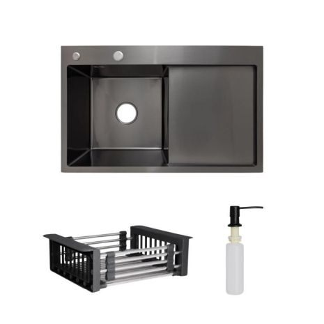 Комплект Lidz Handmade H7849BR Мийка для кухні інтегрована крило праворуч BlackPVD у комплекті з дозатором +